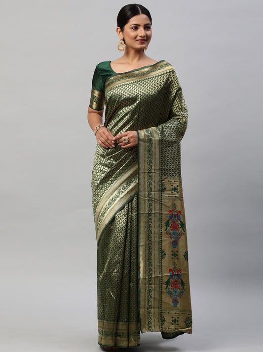Women's Silk Blend Green Woven Design Designer Saree With Blouse Piece