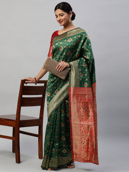 Women's Silk Blend Green Woven Design Designer Saree With Blouse Piece