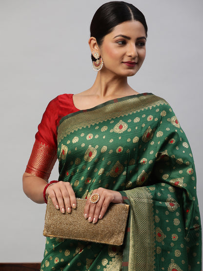 Women's Silk Blend Green Woven Design Designer Saree With Blouse Piece