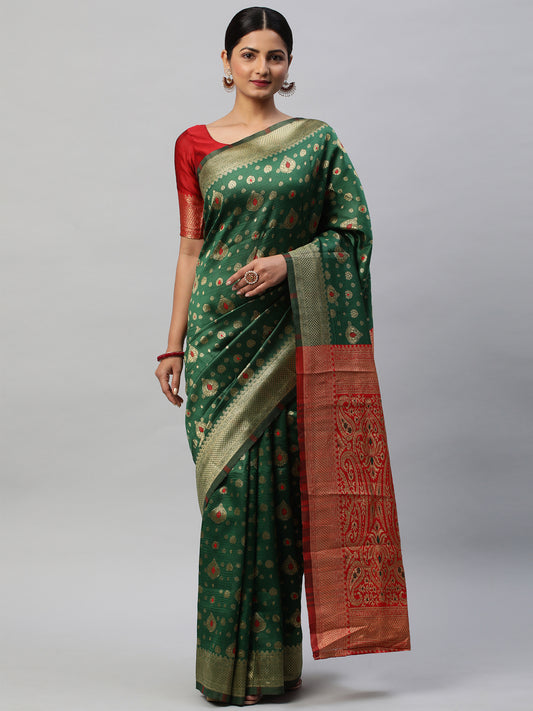 Women's Silk Blend Green Woven Design Designer Saree With Blouse Piece