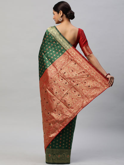 Women's Silk Blend Green Woven Design Designer Saree With Blouse Piece
