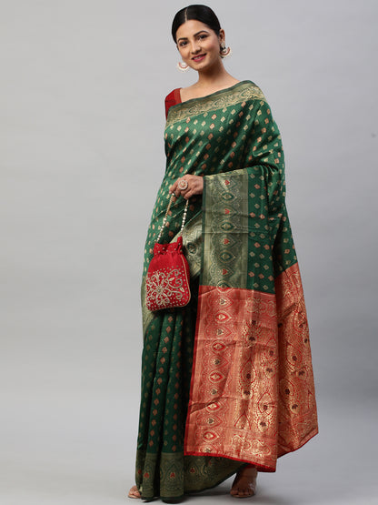Women's Silk Blend Green Woven Design Designer Saree With Blouse Piece
