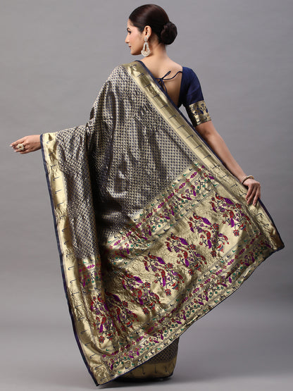 Women's Silk Blend Navy Blue Woven Design Designer Saree With Blouse Piece