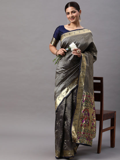 Women's Silk Blend Navy Blue Woven Design Designer Saree With Blouse Piece