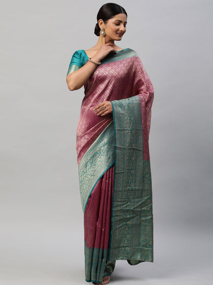 Women's Silk Blend Magenta Woven Design Designer Saree With Blouse Piece