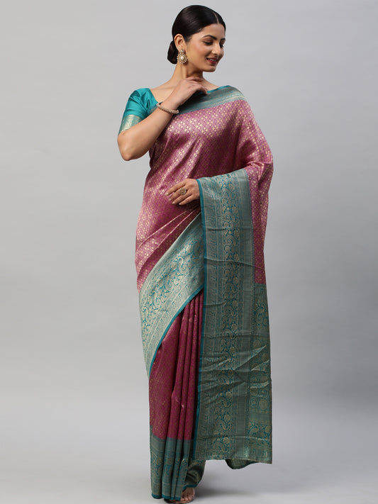 Women's Silk Blend Magenta Woven Design Designer Saree With Blouse Piece