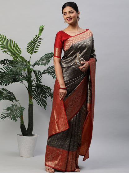 Women's Silk Blend Navy Blue Woven Design Designer Saree With Blouse Piece