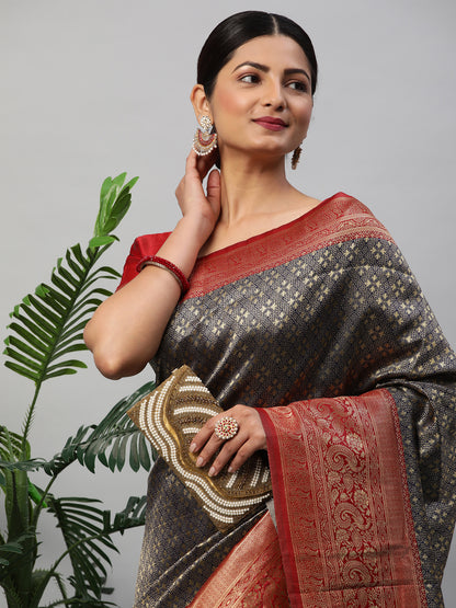 Women's Silk Blend Navy Blue Woven Design Designer Saree With Blouse Piece