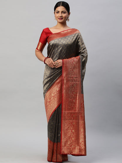 Women's Silk Blend Navy Blue Woven Design Designer Saree With Blouse Piece