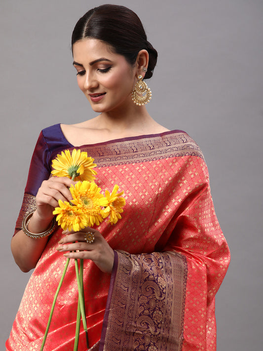 Women's Silk Blend Pink Woven Design Designer Saree With Blouse Piece