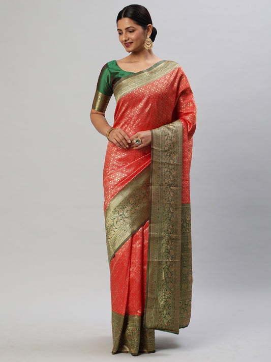 Women's Silk Blend Red Woven Design Designer Saree With Blouse Piece
