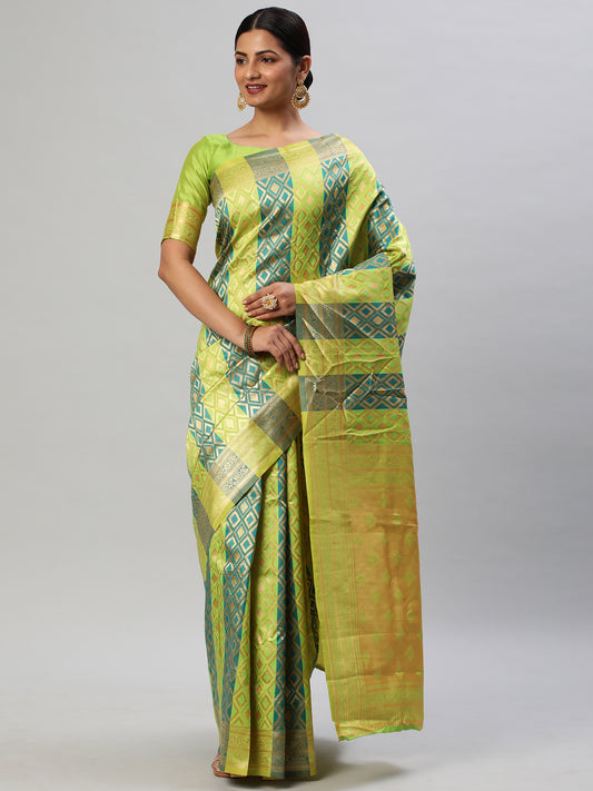 Women's Silk Blend Green Woven Design Designer Saree With Blouse Piece