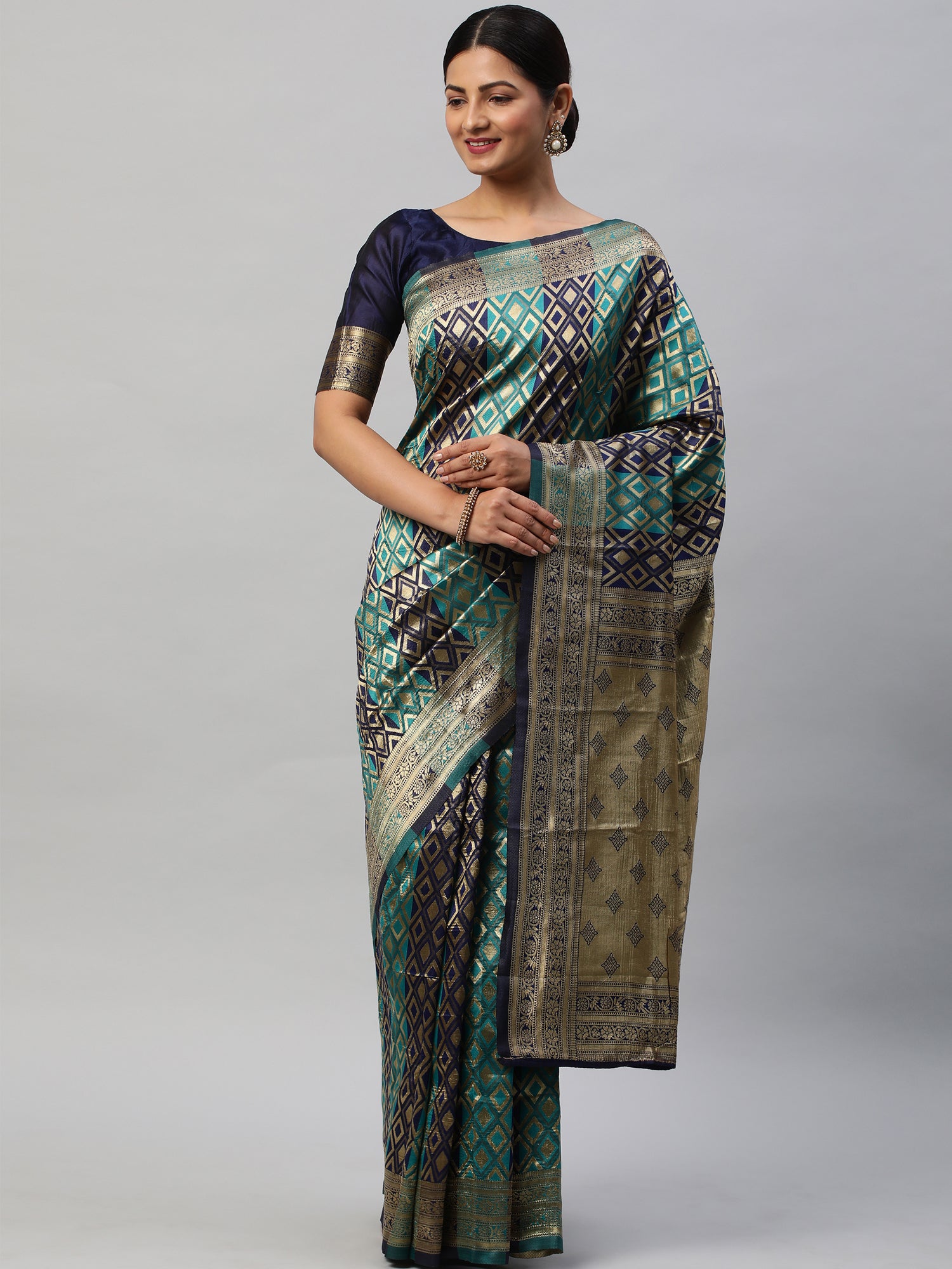 Women's Silk Blend Blue Woven Design Designer Saree With Blouse Piece