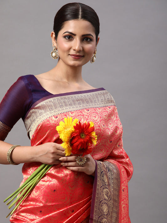 Women's Silk Blend Pink Woven Design Designer Saree With Blouse Piece