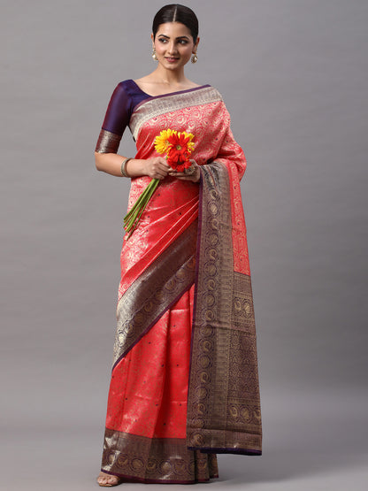 Women's Silk Blend Pink Woven Design Designer Saree With Blouse Piece