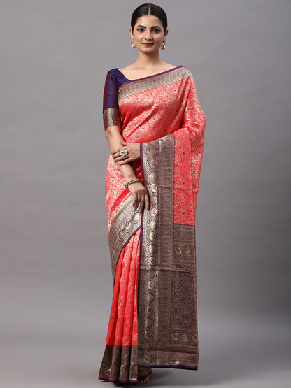 Women's Silk Blend Pink Woven Design Designer Saree With Blouse Piece