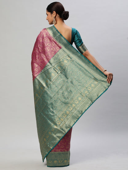 Women's Silk Blend Magenta Woven Design Designer Saree With Blouse Piece