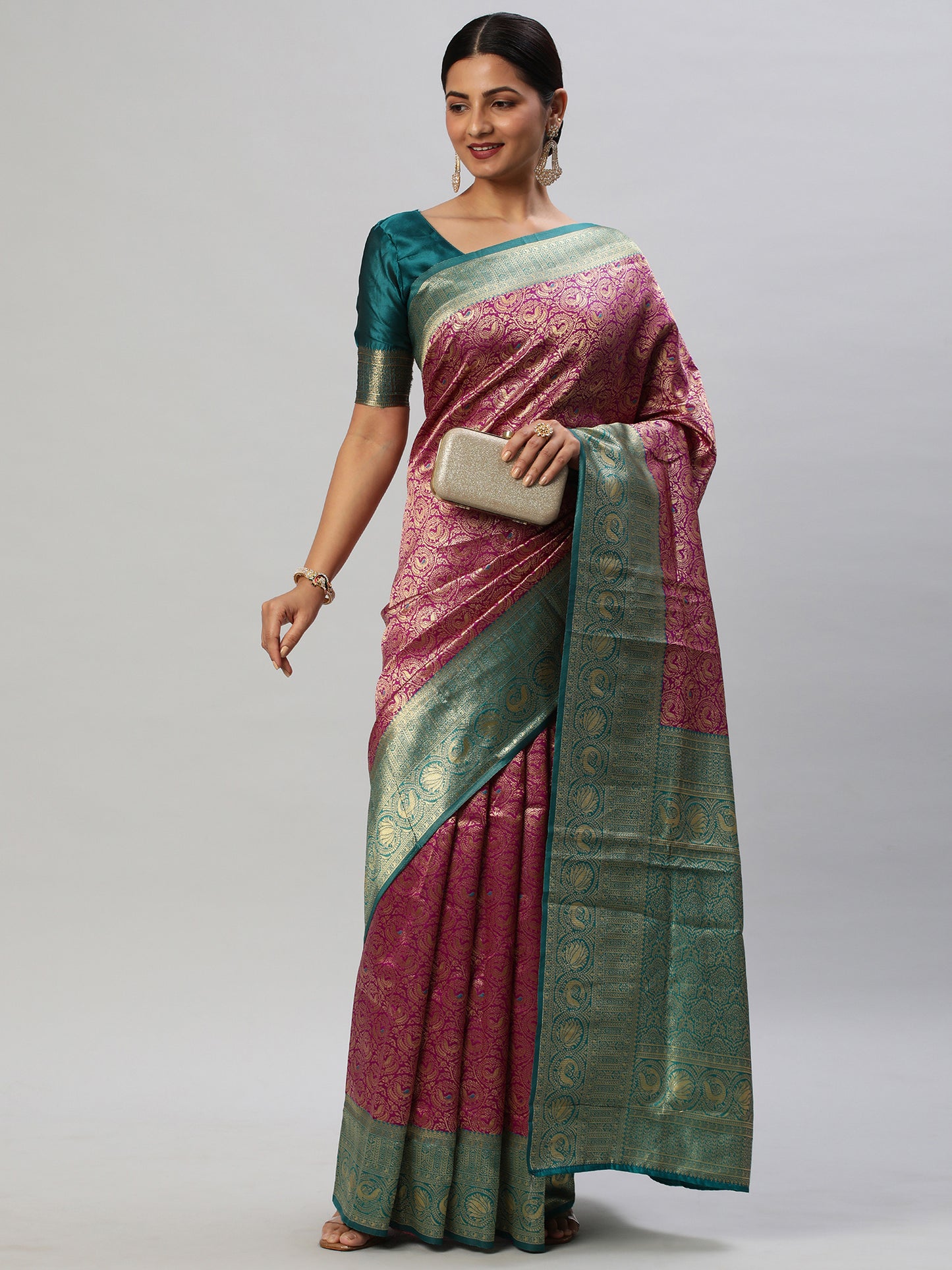Women's Silk Blend Magenta Woven Design Designer Saree With Blouse Piece