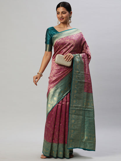 Women's Silk Blend Magenta Woven Design Designer Saree With Blouse Piece