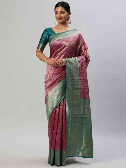Women's Silk Blend Magenta Woven Design Designer Saree With Blouse Piece