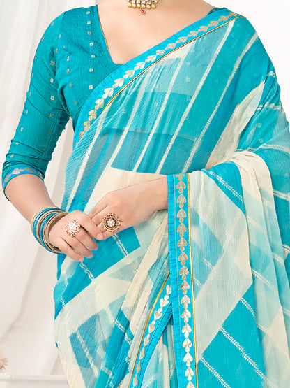 Women's Chiffon Blue Embellished Designer Saree With Blouse Piece