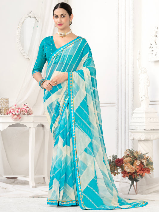 Women's Chiffon Blue Embellished Designer Saree With Blouse Piece