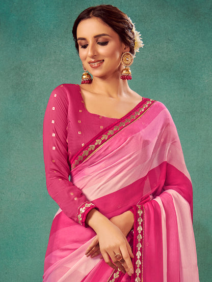 Women's Chiffon Pink Embellished Designer Saree With Blouse Piece