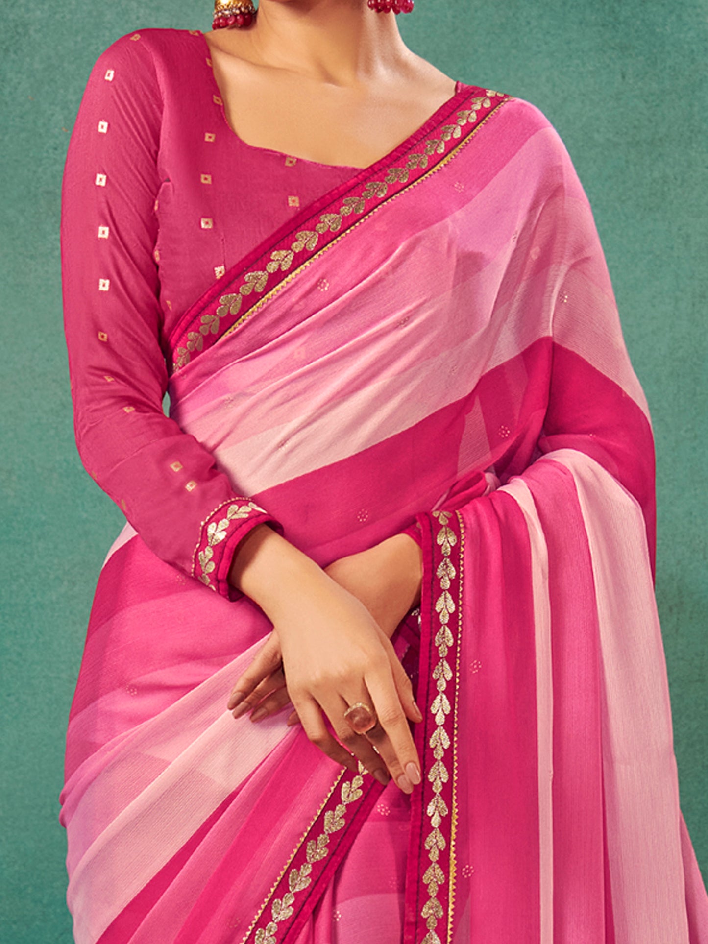 Women's Chiffon Pink Embellished Designer Saree With Blouse Piece