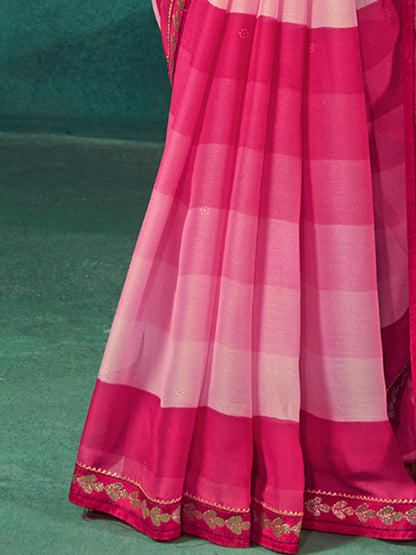 Women's Chiffon Pink Embellished Designer Saree With Blouse Piece
