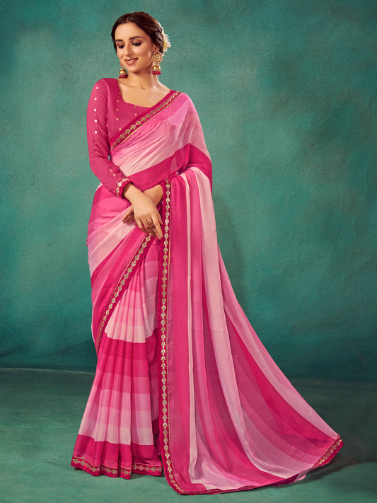 Women's Chiffon Pink Embellished Designer Saree With Blouse Piece