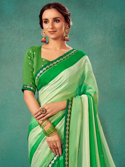 Women's Chiffon Green Embellished Designer Saree With Blouse Piece