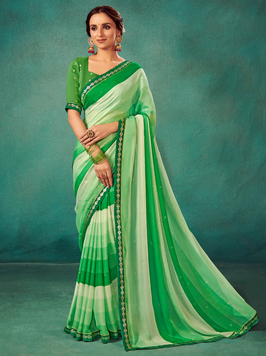 Women's Chiffon Green Embellished Designer Saree With Blouse Piece