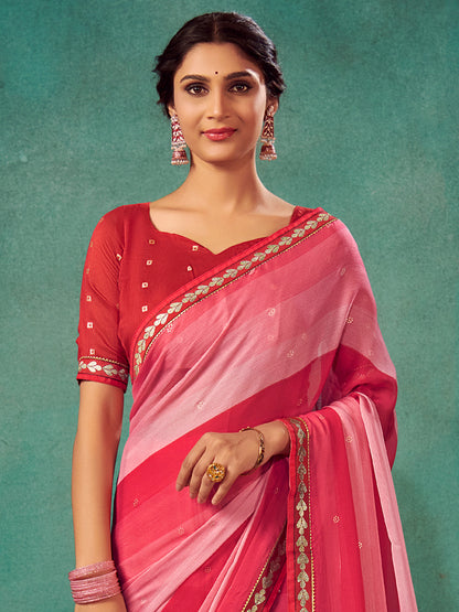 Women's Chiffon Pink Embellished Designer Saree With Blouse Piece