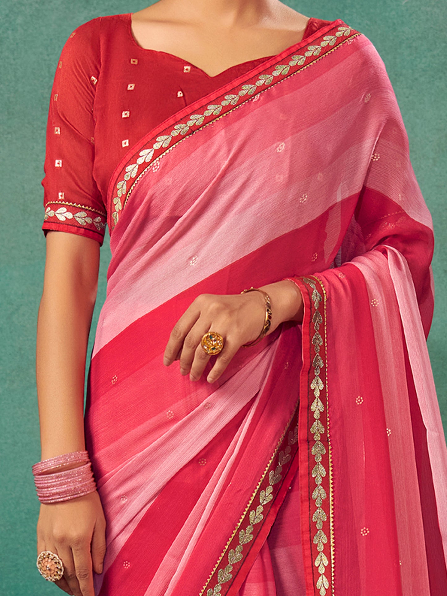 Women's Chiffon Pink Embellished Designer Saree With Blouse Piece
