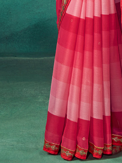 Women's Chiffon Pink Embellished Designer Saree With Blouse Piece