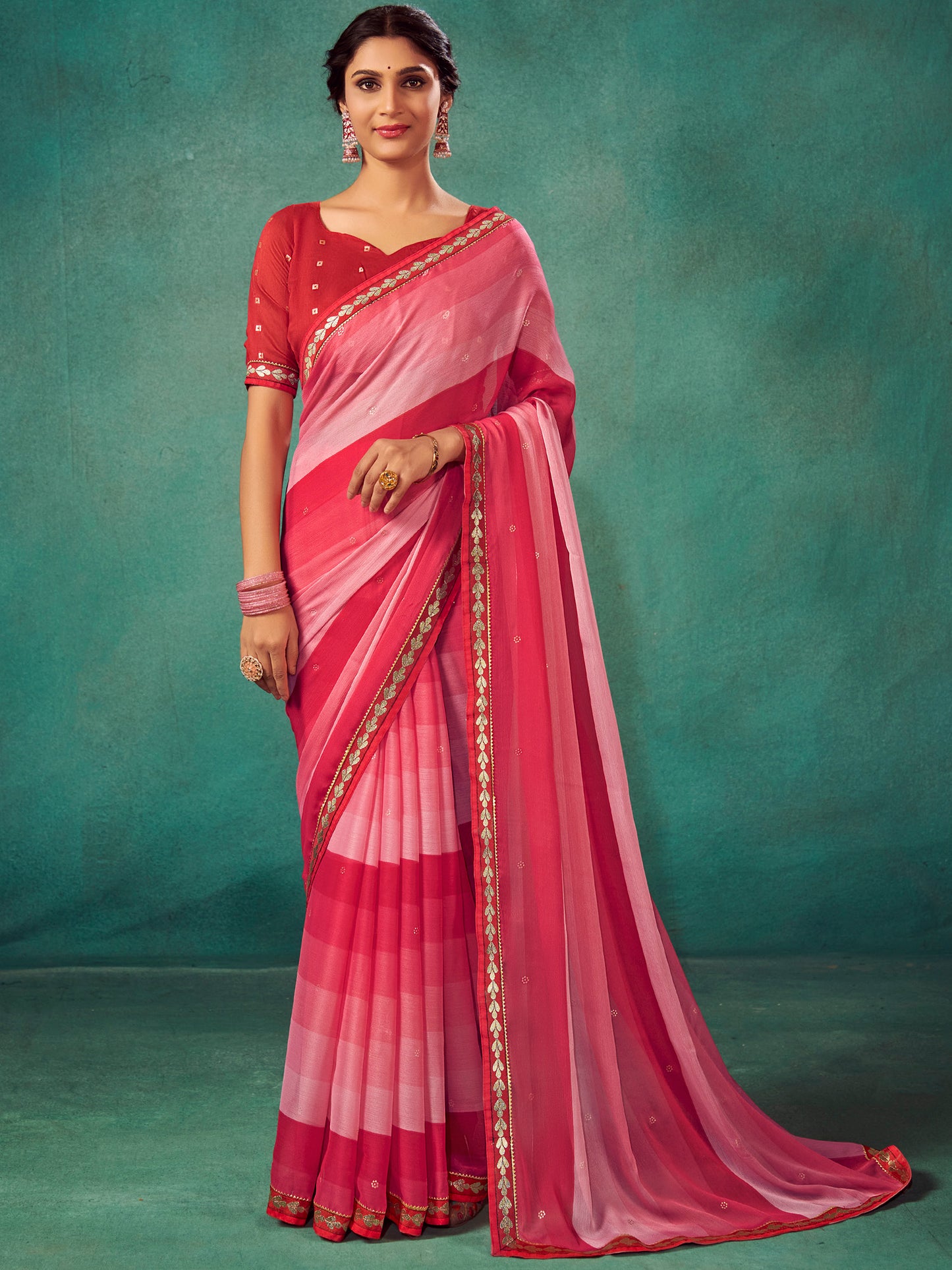 Women's Chiffon Pink Embellished Designer Saree With Blouse Piece