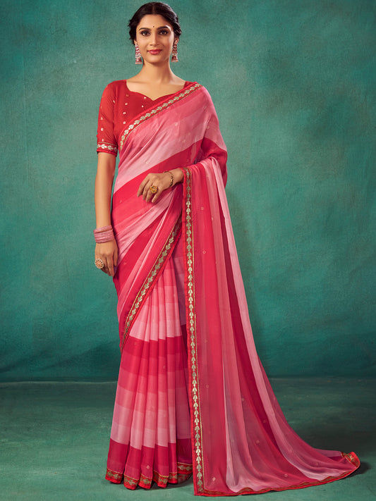 Women's Chiffon Pink Embellished Designer Saree With Blouse Piece