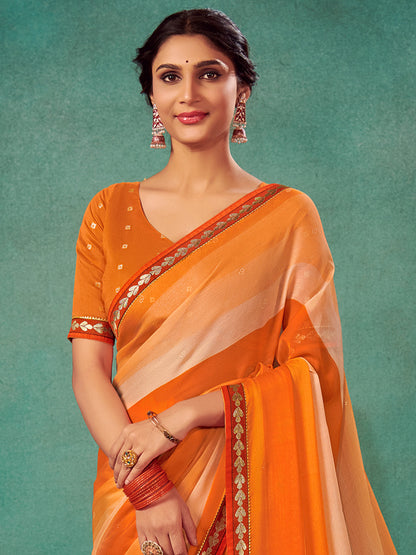 Women's Chiffon Orange Embellished Designer Saree With Blouse Piece