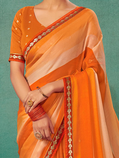 Women's Chiffon Orange Embellished Designer Saree With Blouse Piece