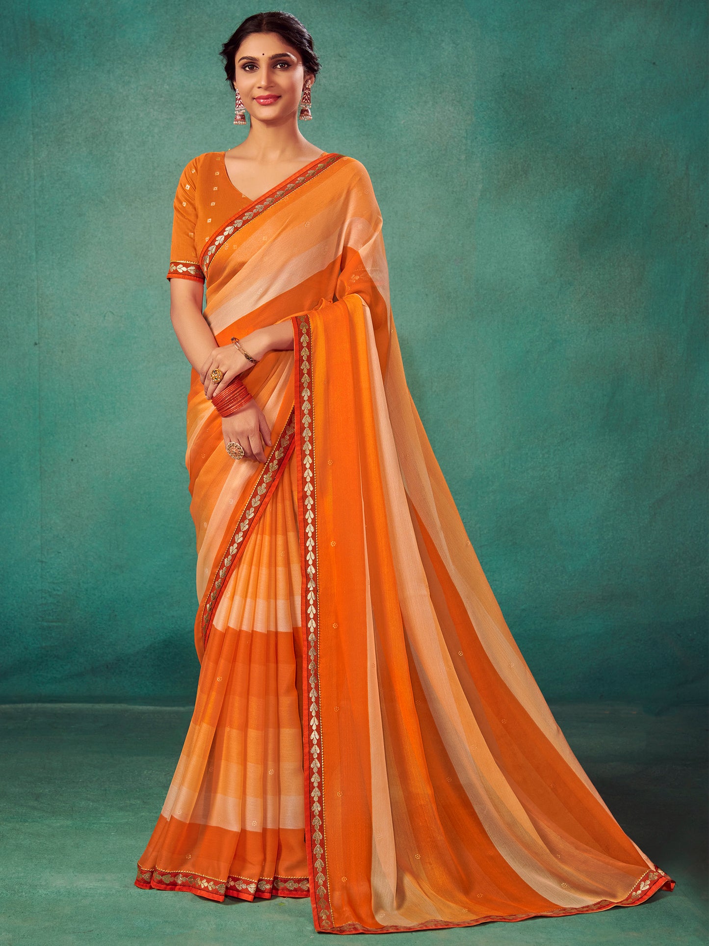 Women's Chiffon Orange Embellished Designer Saree With Blouse Piece