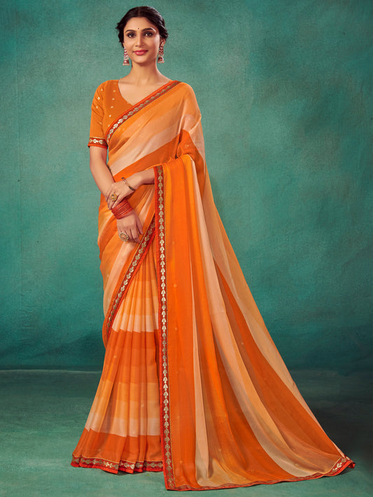 Women's Chiffon Orange Embellished Designer Saree With Blouse Piece