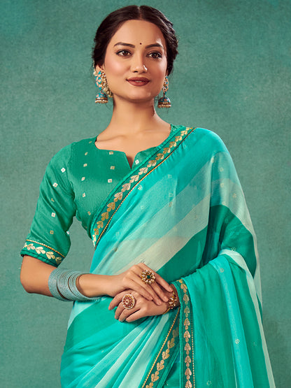 Women's Chiffon Teal blue Embellished Designer Saree With Blouse Piece