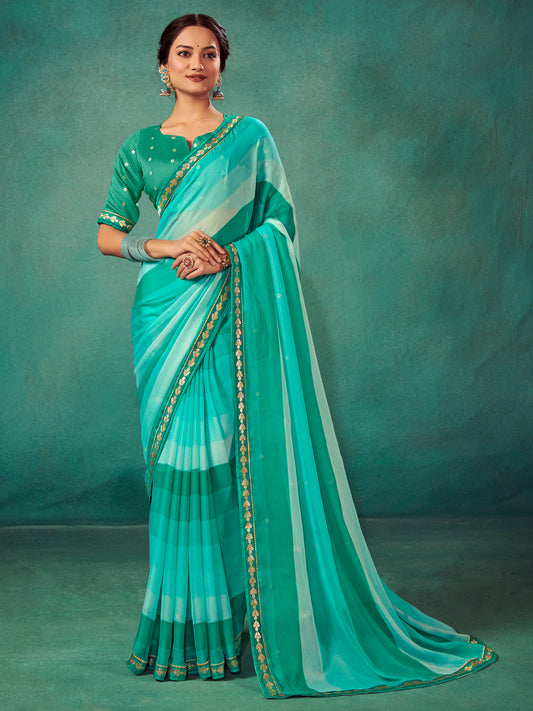 Women's Chiffon Teal blue Embellished Designer Saree With Blouse Piece