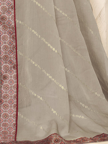 Women's Chiffon Grey Embellished Designer Saree With Blouse Piece