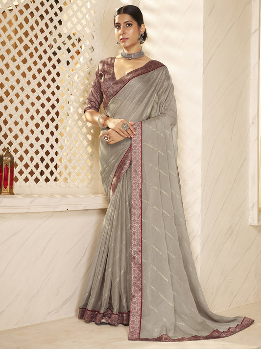 Women's Chiffon Grey Embellished Designer Saree With Blouse Piece