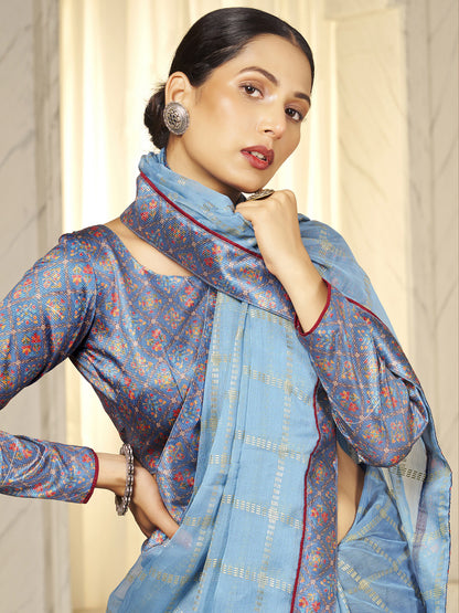 Women's Chiffon Blue Embellished Designer Saree With Blouse Piece