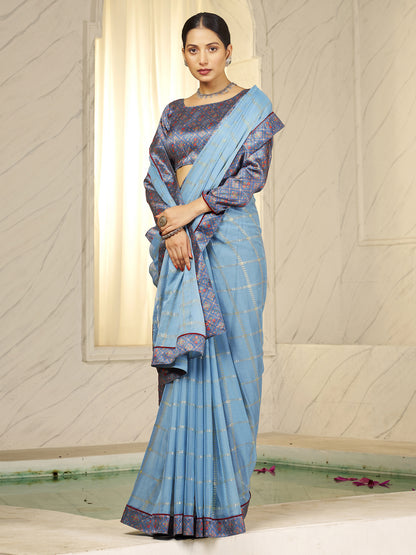 Women's Chiffon Blue Embellished Designer Saree With Blouse Piece