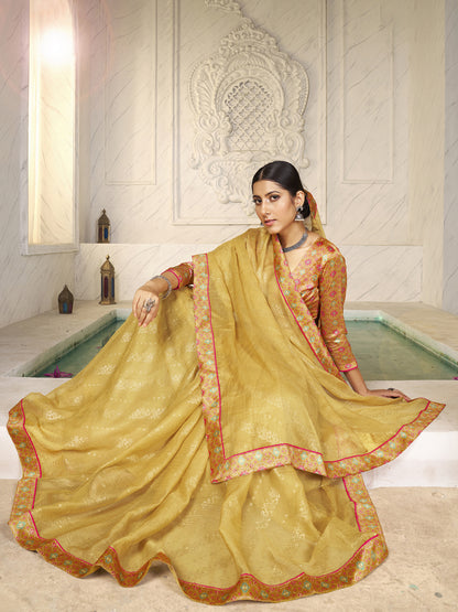 Women's Chiffon Mustard Embellished Designer Saree With Blouse Piece