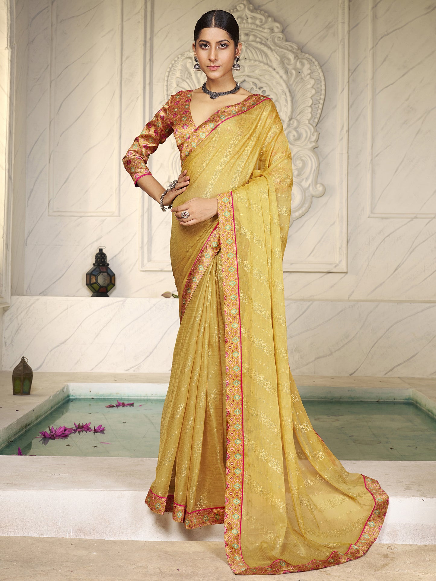 Women's Chiffon Mustard Embellished Designer Saree With Blouse Piece