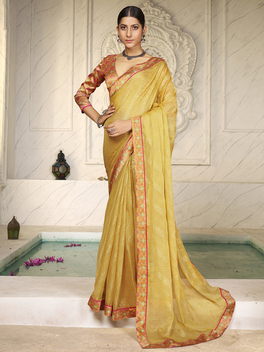 Women's Chiffon Mustard Embellished Designer Saree With Blouse Piece